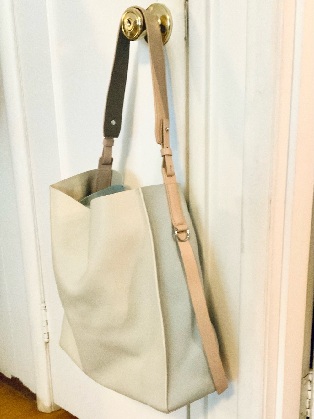 All Saints Cream & Grey North South Tote with Beige Strap